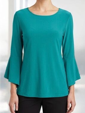 Women With Control Teal Green Bell Flounce Sleeve Tunic Top Blouse Scoop Neck XS